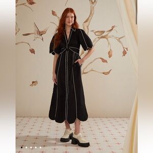 FARM Rio Black and White Short Sleeve Midi Dress